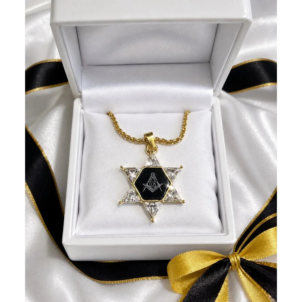 Masonic Star of David Pendant Necklace Gold Tone Square and Compasses Fraternal